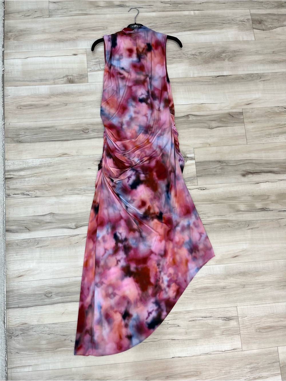 AMUR Asymmetrical Sleeveless Dress in Pink and Burgundy Tie-Dye